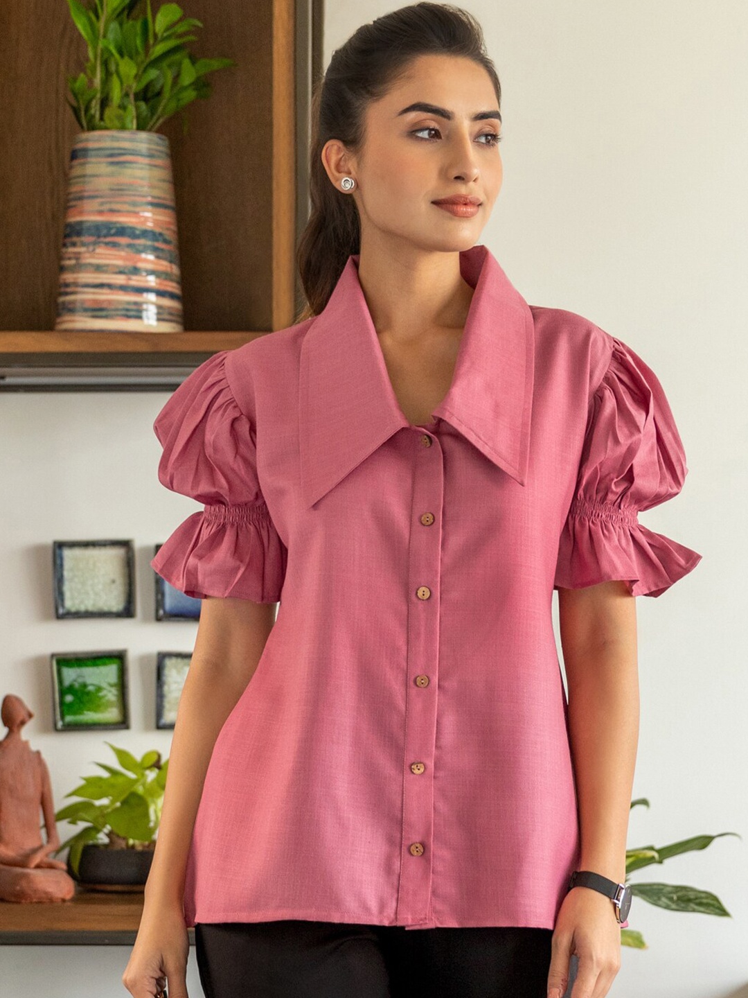 

B'Infinite Spread Collar Short Sleeves Cotton Casual Shirt, Pink