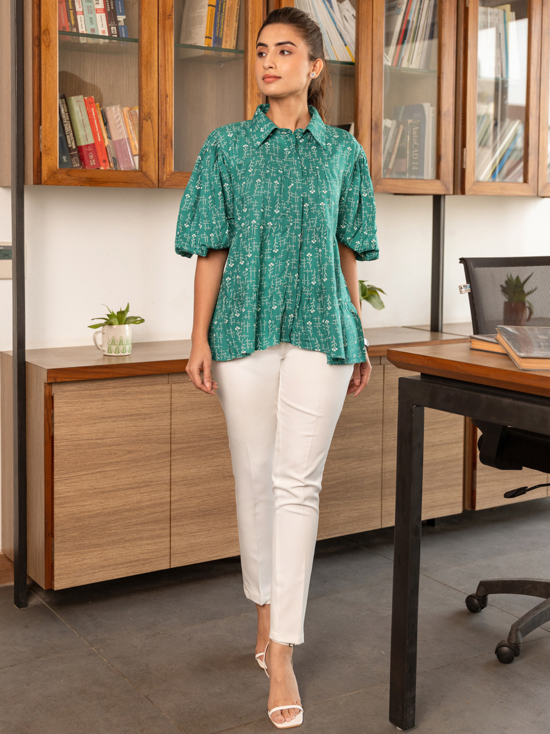 

B'Infinite Floral Printed Puff Sleeves Tiered Spread Collar Casual Cotton Shirt, Teal