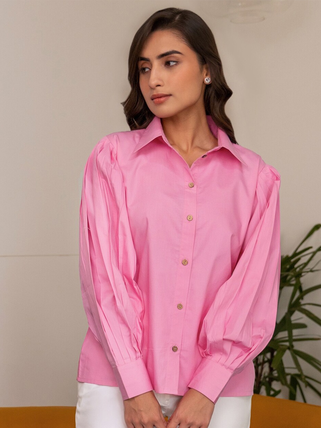 

B'Infinite Spread Collar Long Sleeves Cotton Casual Shirt, Pink