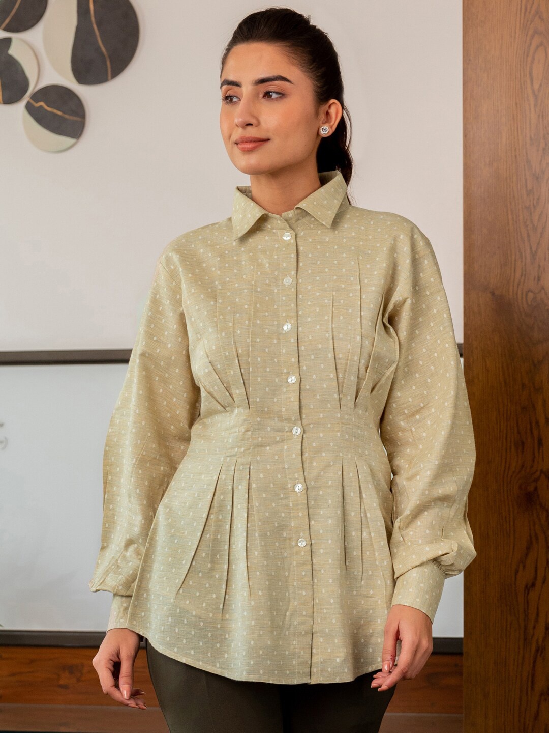 

B'Infinite Tartan Checked Spread Collar Long Sleeves Cotton Casual Shirt, Beige