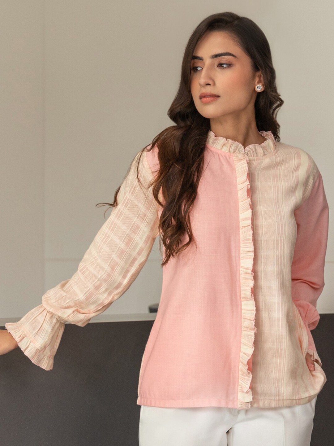 

B'Infinite Striped Mandarin Collar Three-Quarter Sleeves Cotton Casual Shirt, Pink