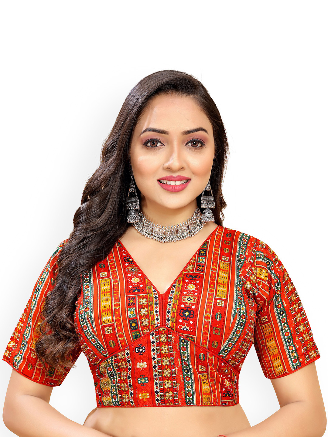 

Reeta Fashion Printed V-Neck Cotton Silk Foil Readymade Saree Blouse, Red