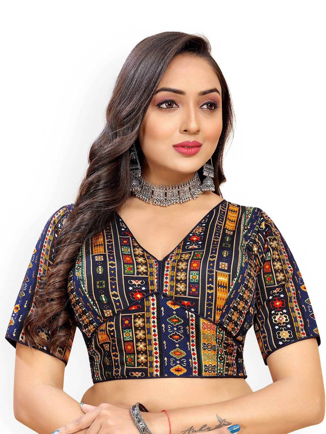 

Reeta Fashion Printed Cotton Silk Foil Readymade Saree Blouse, Navy blue