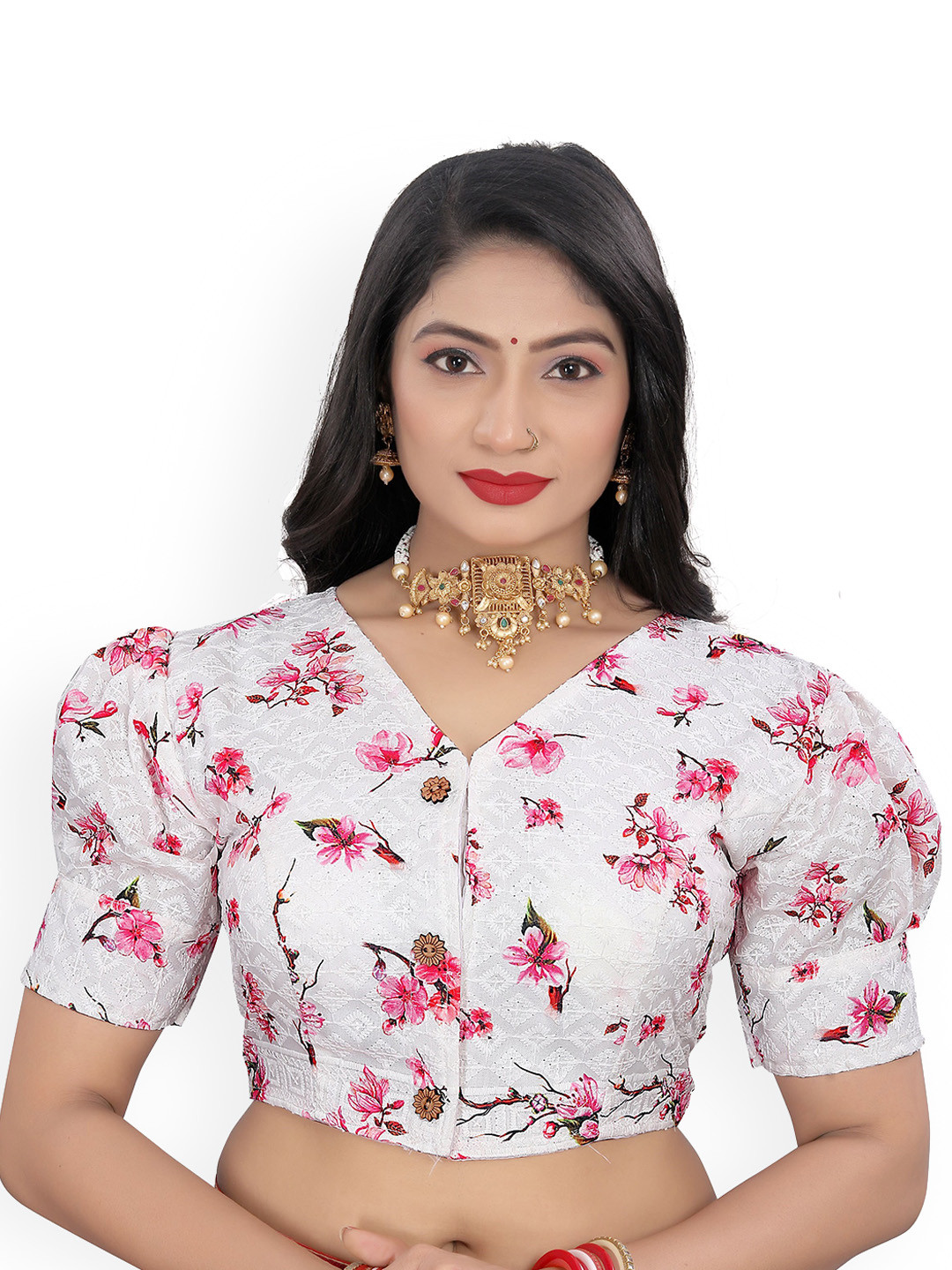 

Reeta Fashion Floral Embroidered Puffed Sleeves Schiffli Cotton Saree Blouse, White