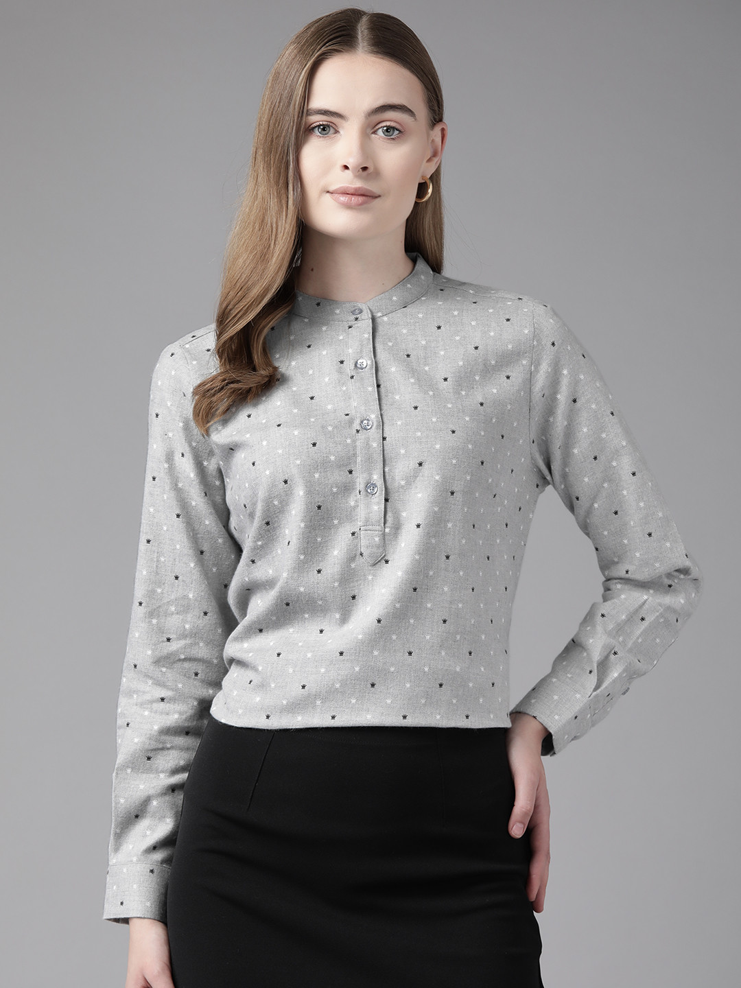 

English Navy Printed Mandarin Collar Cotton Shirt Style Top, Grey