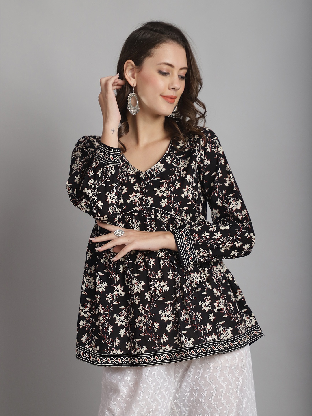 

KALINI Floral Print Cotton Empire Top, Black