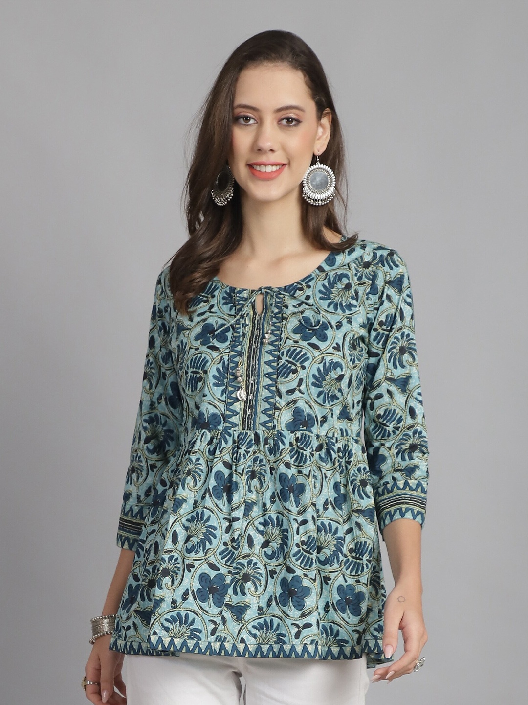 

KALINI Floral Print Tie-Up Neck Pure Cotton A-Line Top, Blue