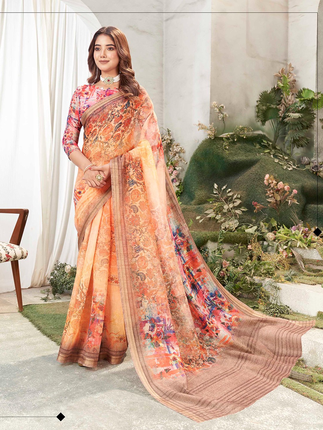 

Mitera Floral Printed Chanderi Saree, Orange