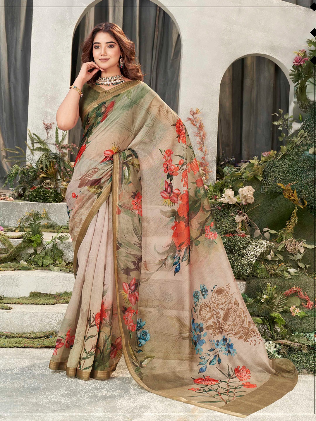 

Mitera Floral Printed Chanderi Saree, Green