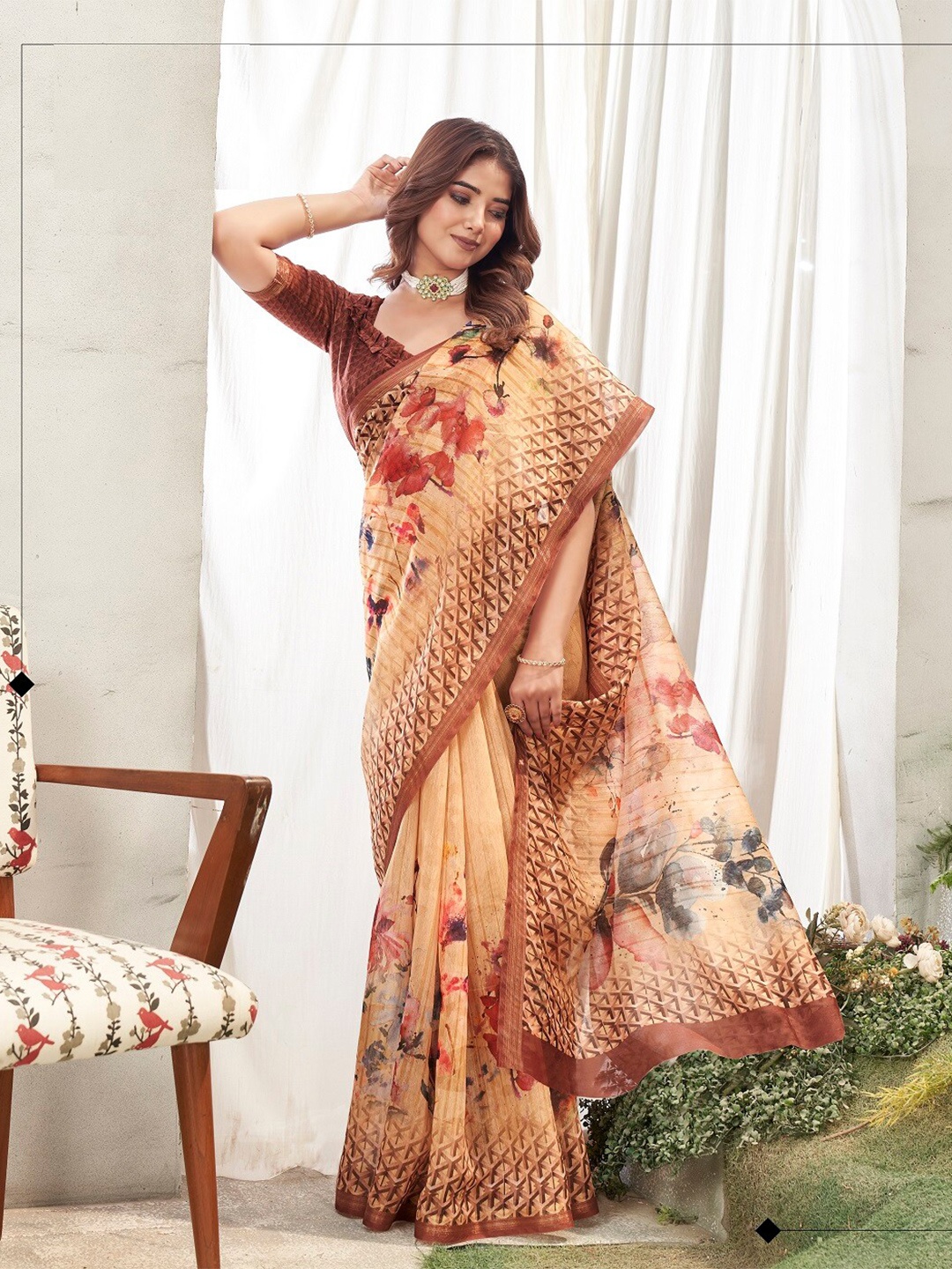 

Mitera Floral Printed Chanderi Saree, Brown
