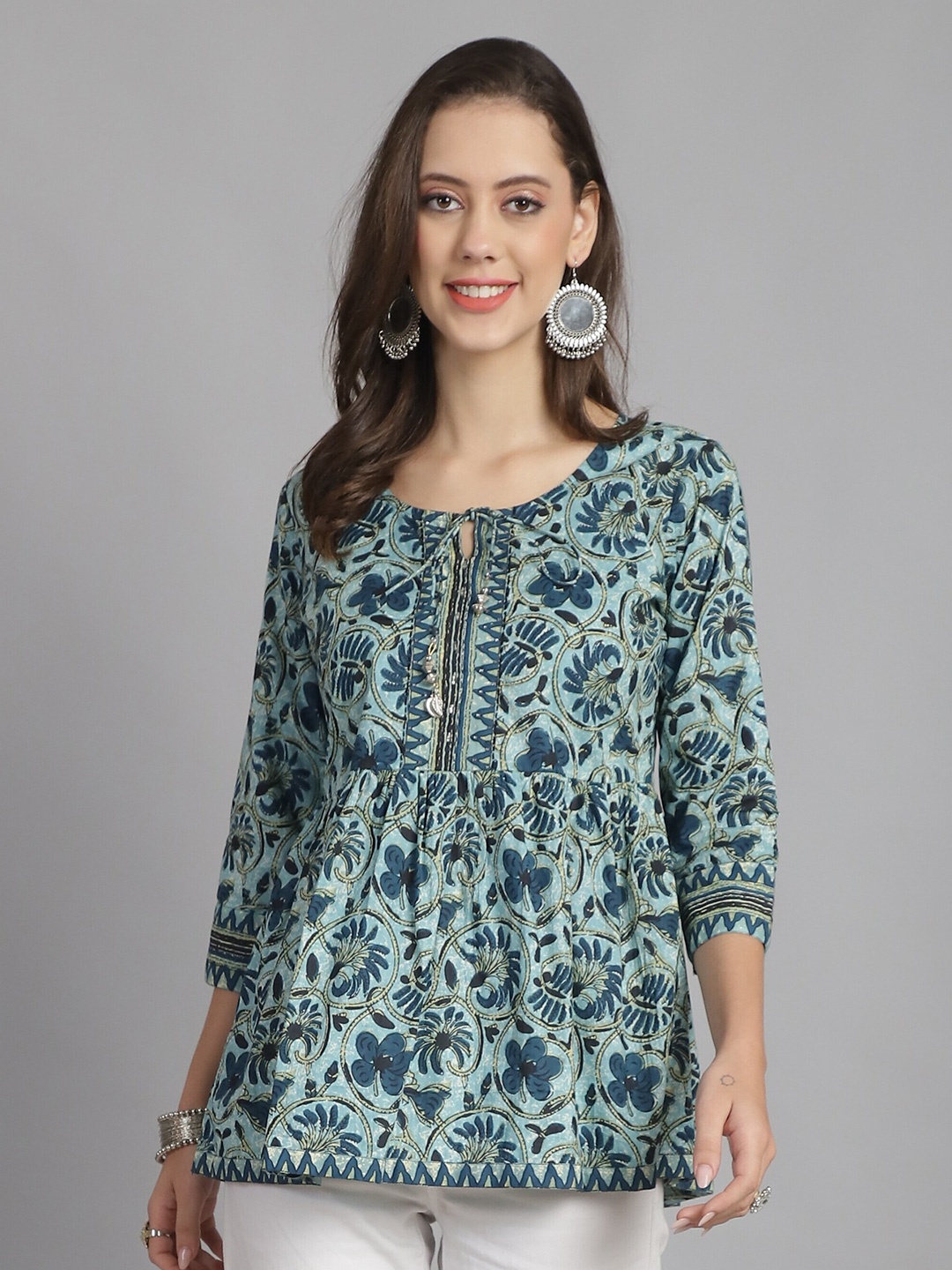 

Roly Poly Floral Print Tie-Up Neck Cotton Top, Blue