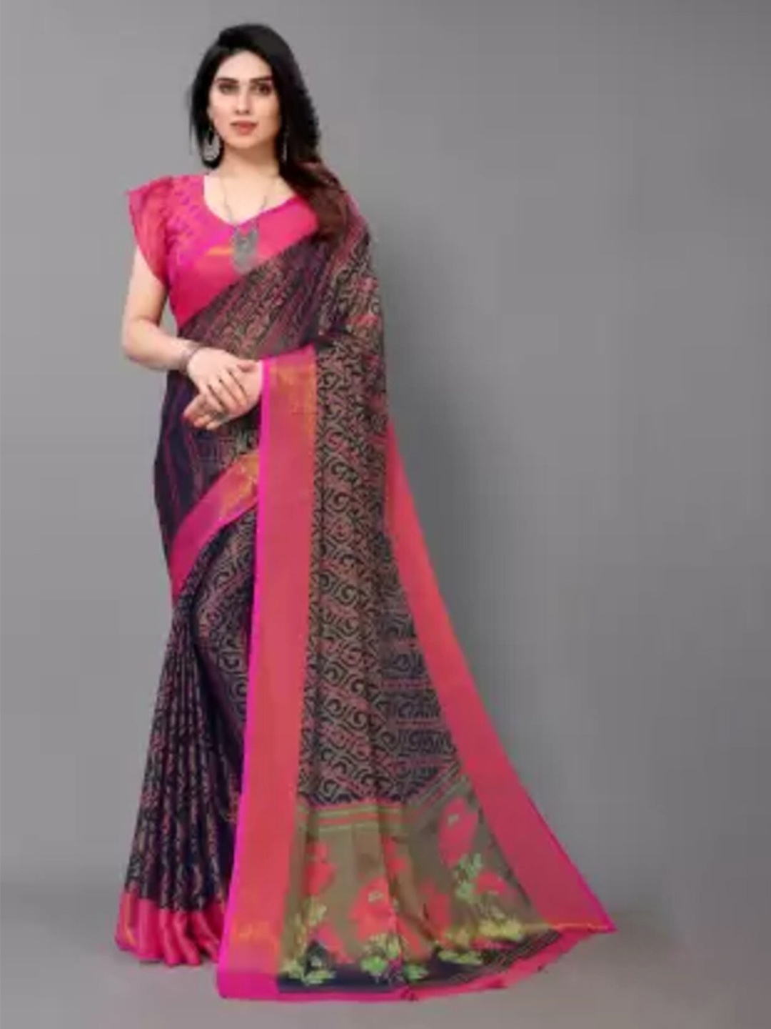 

SANJANA SILK Floral Printed Brasso Saree, Blue