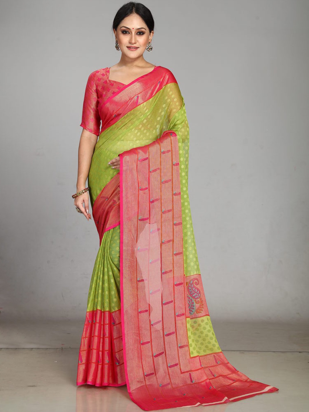 

SANJANA SILK Polka Dots Printed Brasso Saree, Green