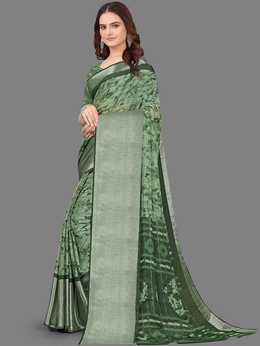 

SANJANA SILK Geometric Printed Zari Pure Chiffon Saree, Green