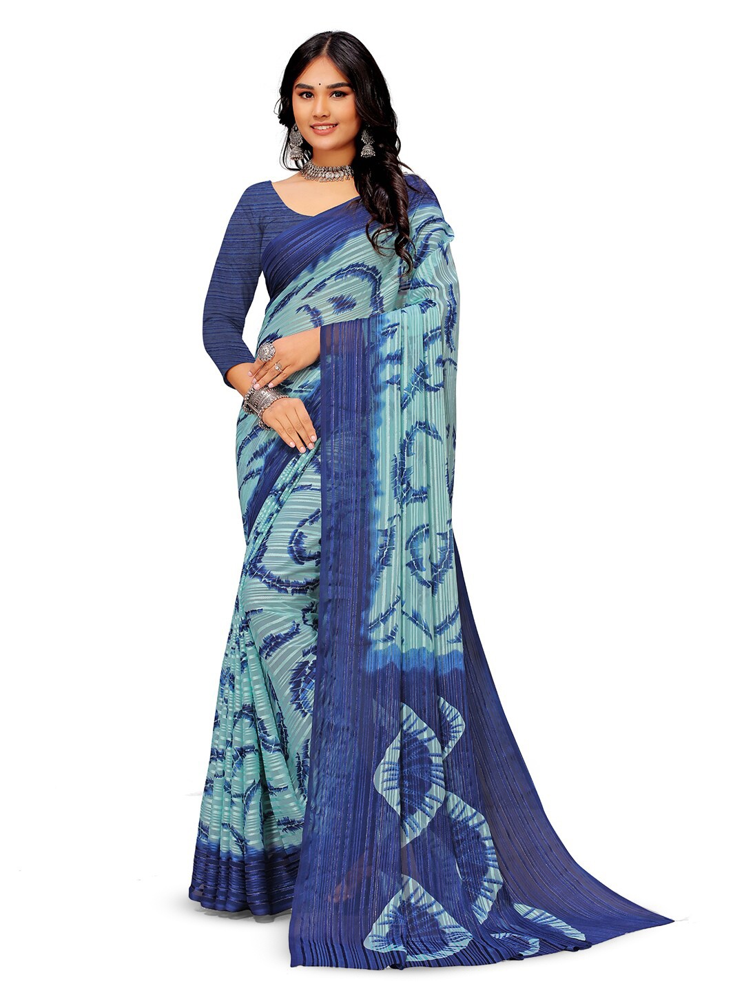 

SANJANA SILK Abstract Printed Pure Georgette Saree, Blue