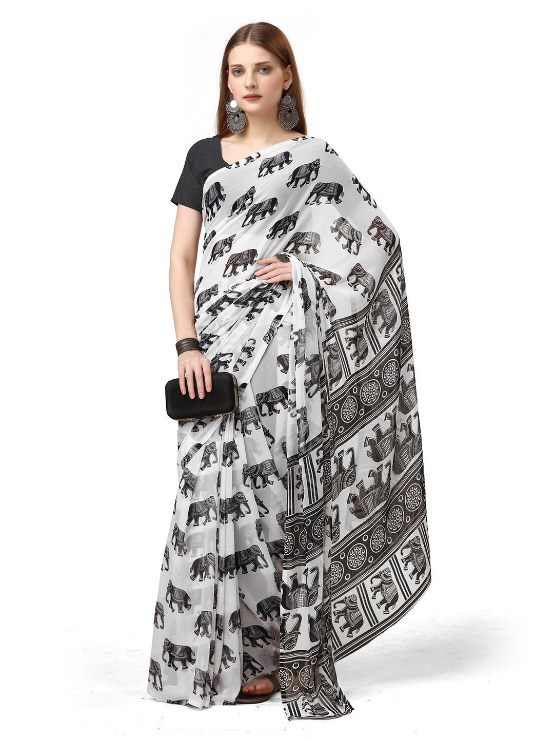 

SANJANA SILK Ethnic Motifs Pure Georgette Saree, Black