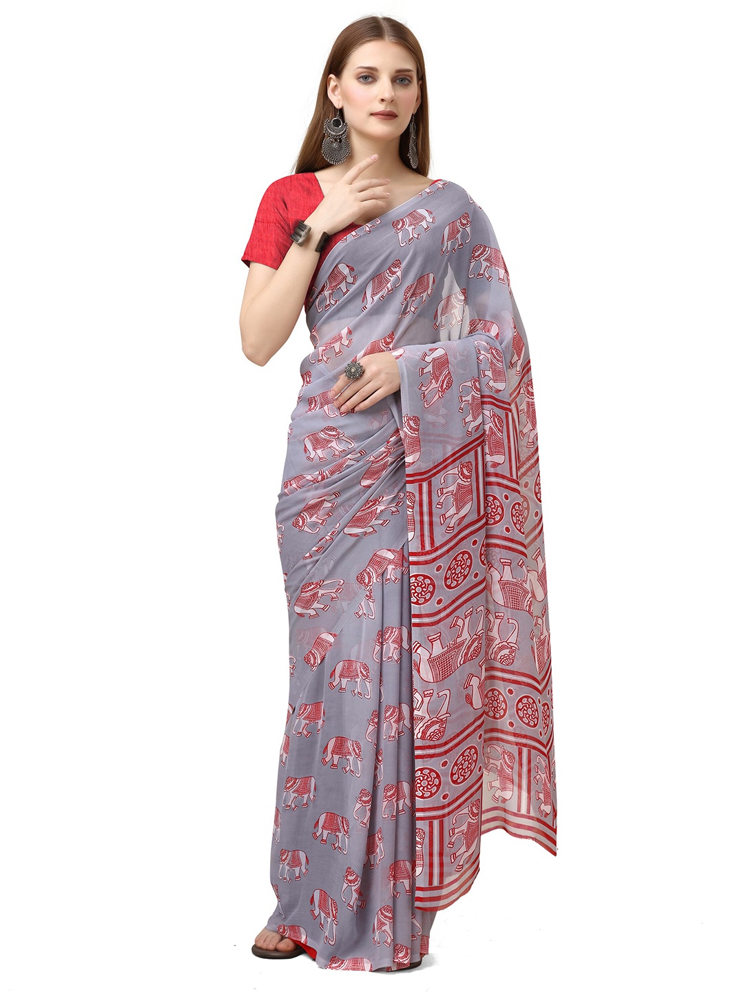 

SANJANA SILK Abstract Printed Pure Georgette Saree, Grey