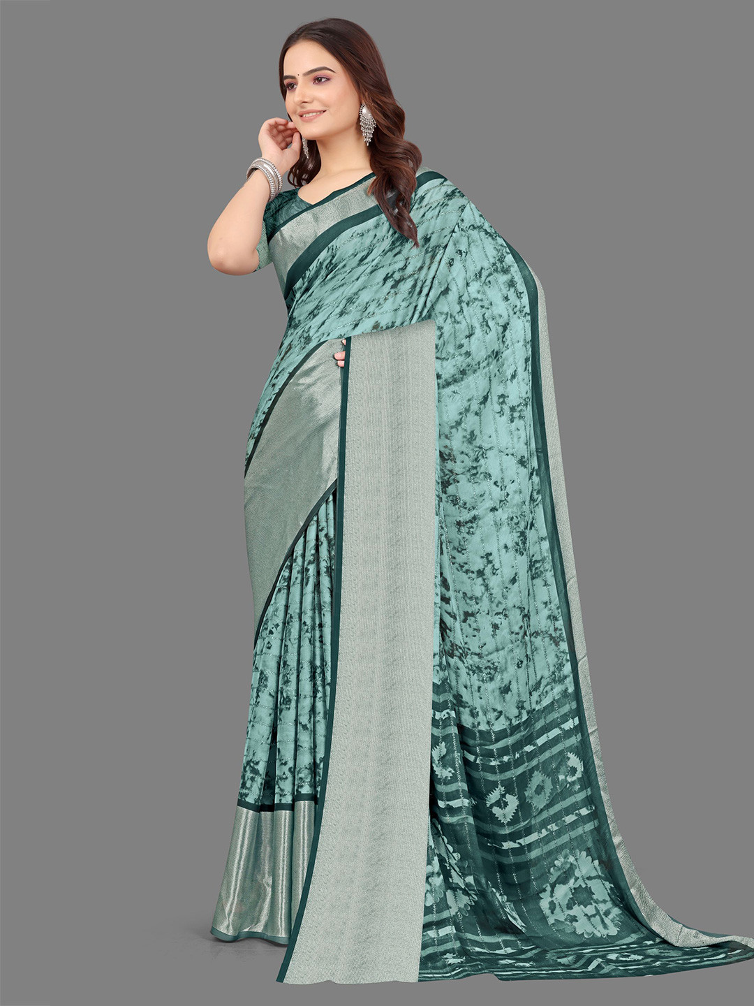 

SANJANA SILK Floral Printed Pure Chiffon Saree, Teal