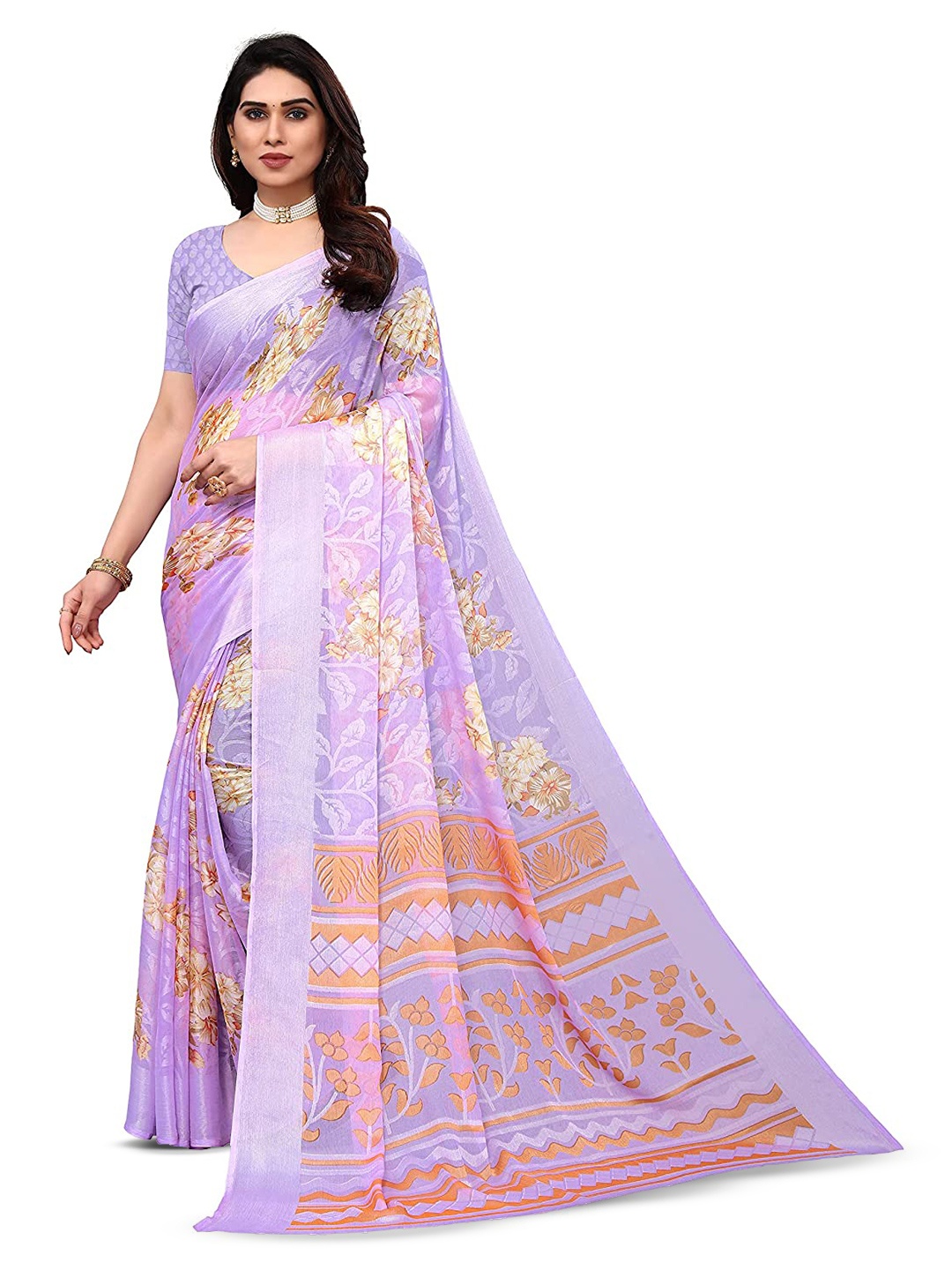 

SANJANA SILK Floral Printed Brasso Saree, Purple