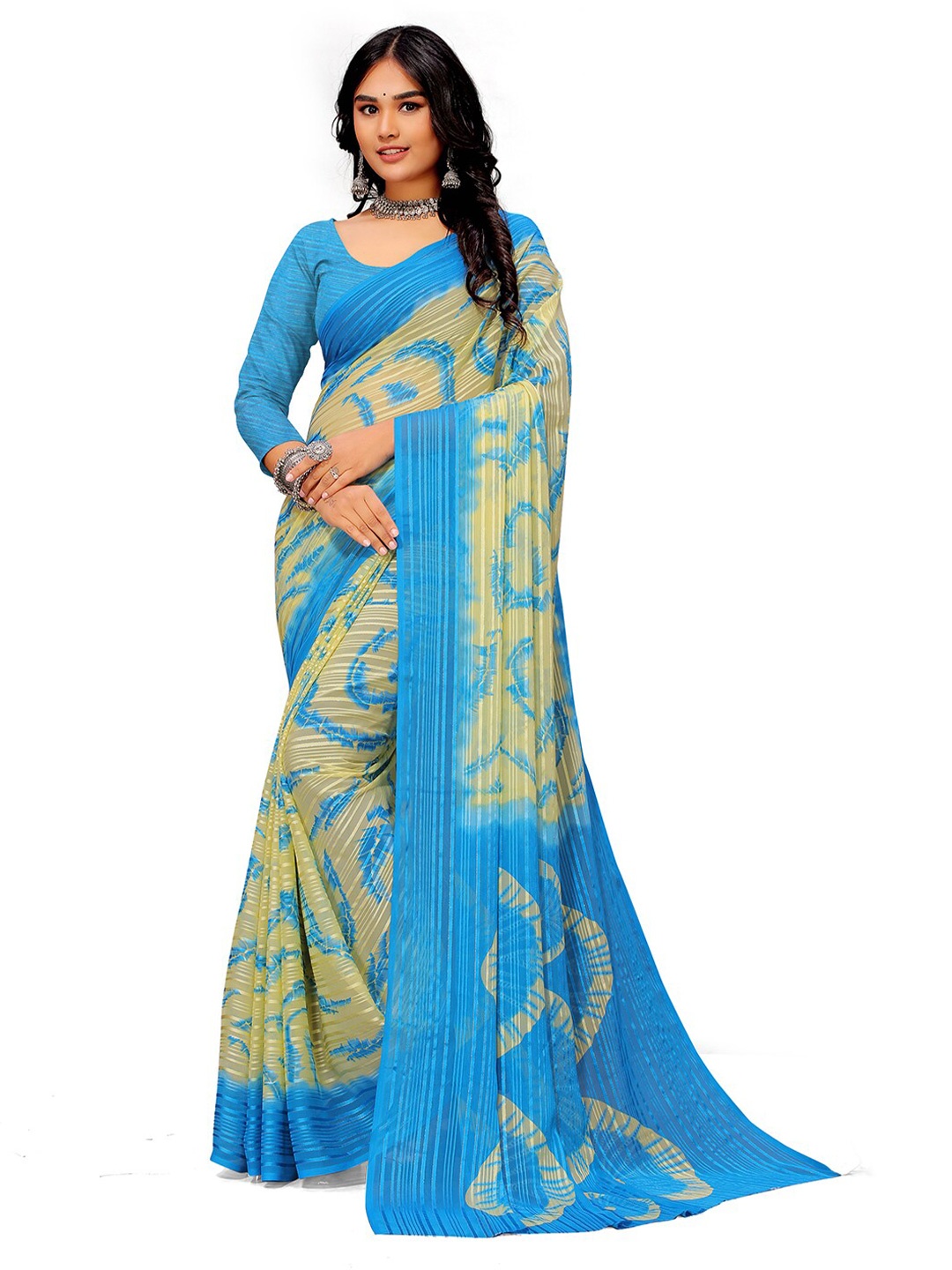 

SANJANA SILK Floral Printed Pure Georgette Saree, Blue