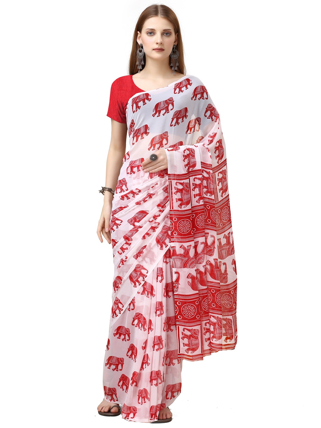 

SANJANA SILK Ethnic Motifs Pure Georgette Saree, White