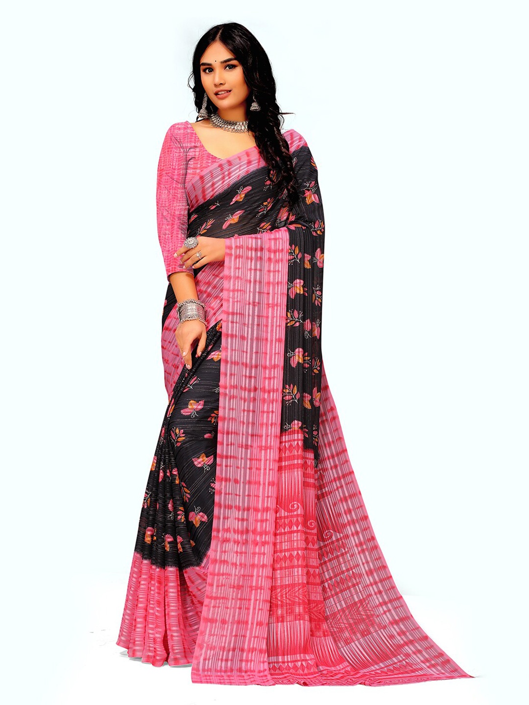 

SANJANA SILK Floral Floral Pure Georgette Saree, Pink