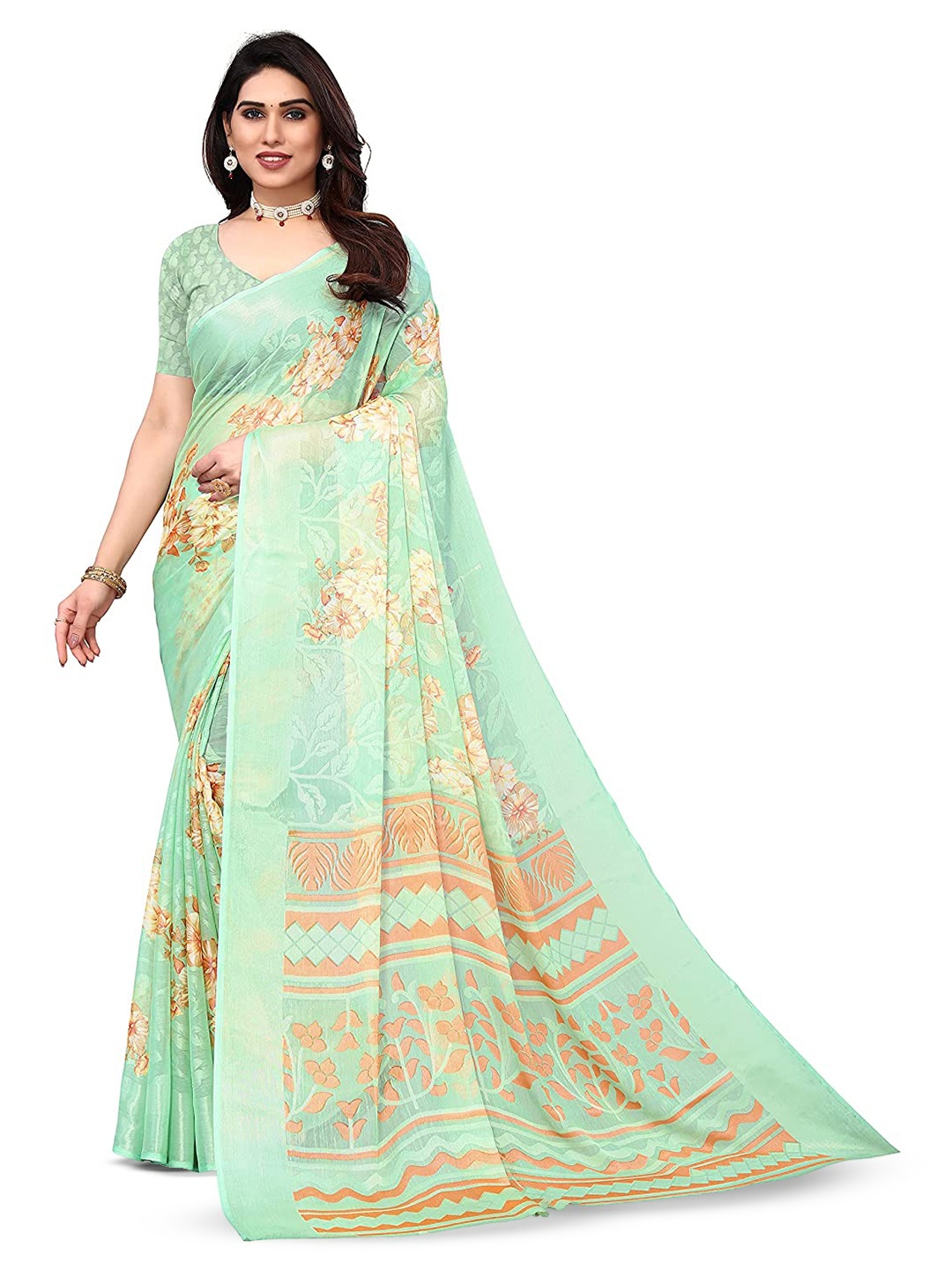 

SANJANA SILK Floral Printed Brasso Saree, Green