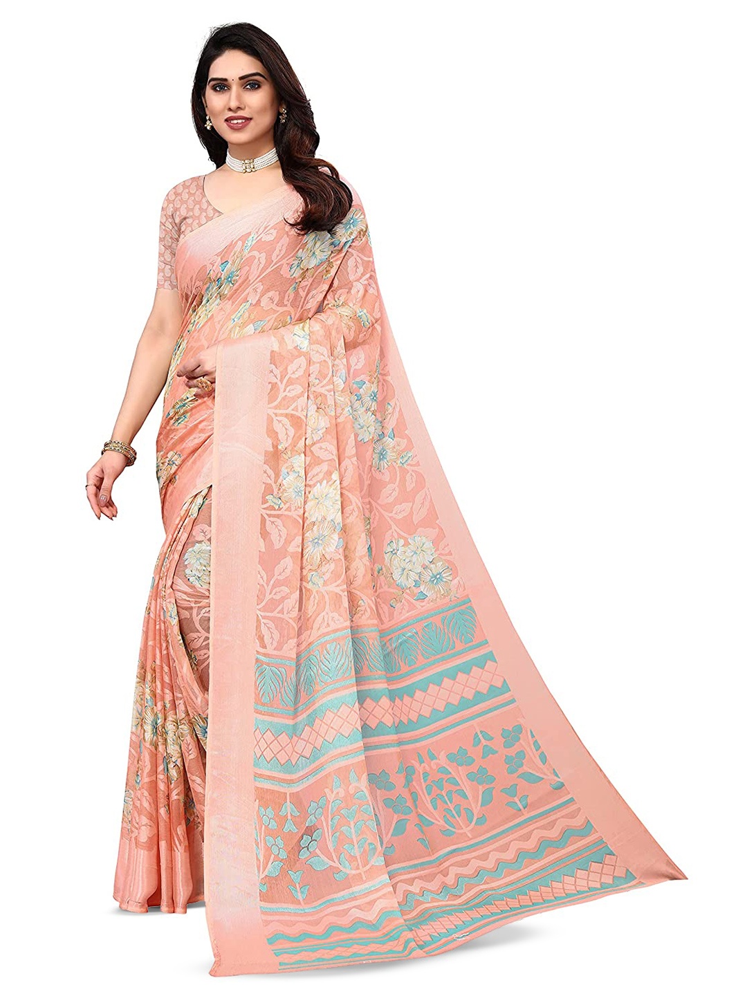 

SANJANA SILK Floral Printed Brasso Saree, Peach