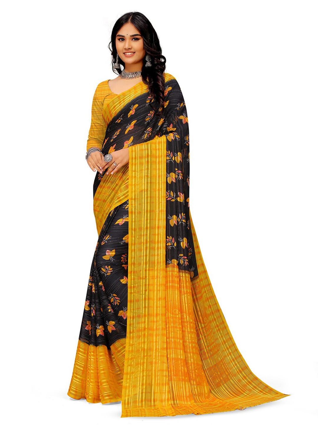 

SANJANA SILK Floral Printed Pure Georgette Saree, Yellow
