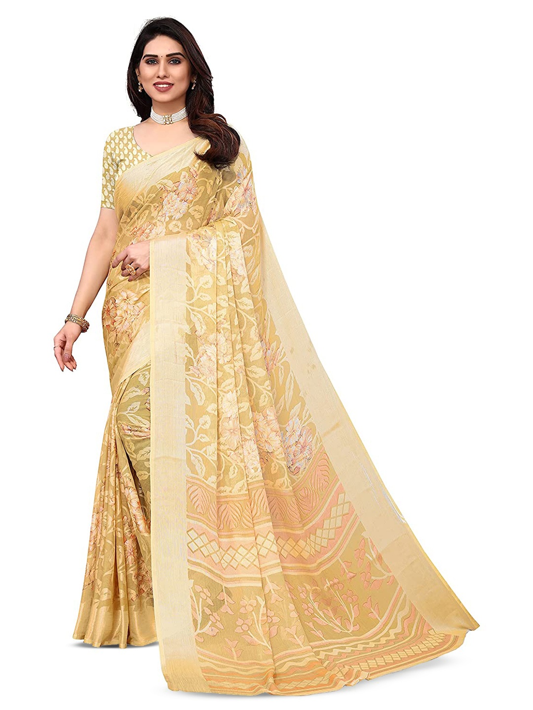 

SANJANA SILK Floral Printed Brasso Saree, Yellow