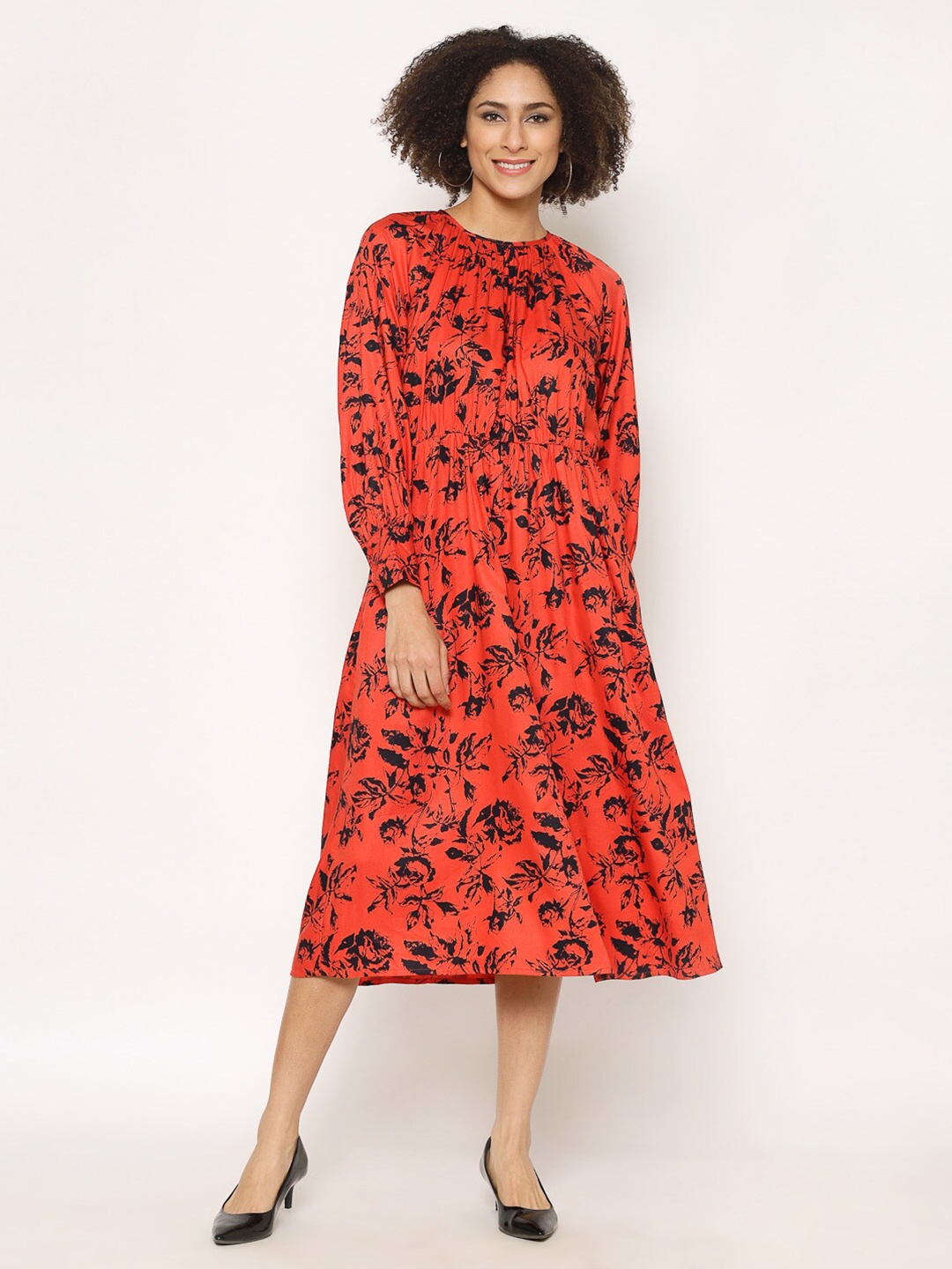 

HOUSE OF KKARMA Floral Print Cuffed Sleeves Fit & Flare Midi Dress, Red