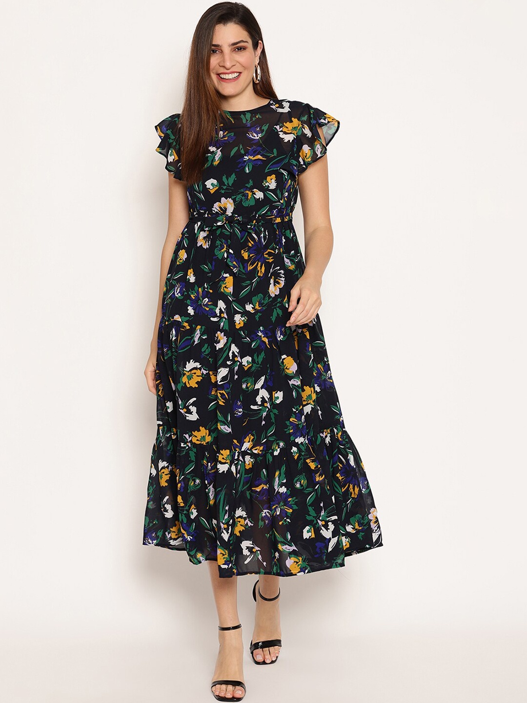 

HOUSE OF KKARMA Floral Printed Flared Sleeve Fit & Flare Midi Dress, Navy blue