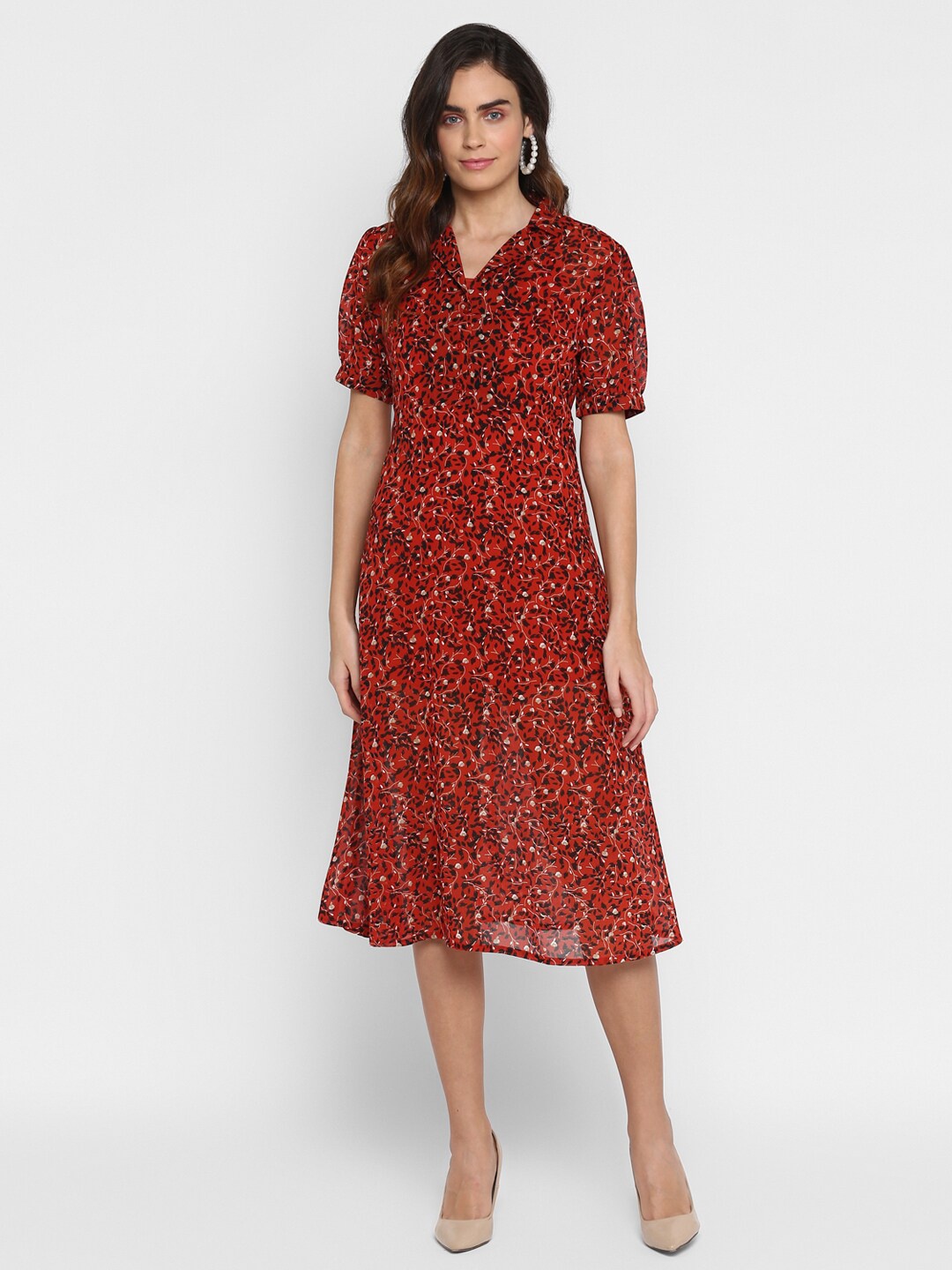 HOUSE OF KKARMA Floral Printed Puff Sleeve Fit & Flare Midi Dress, Red