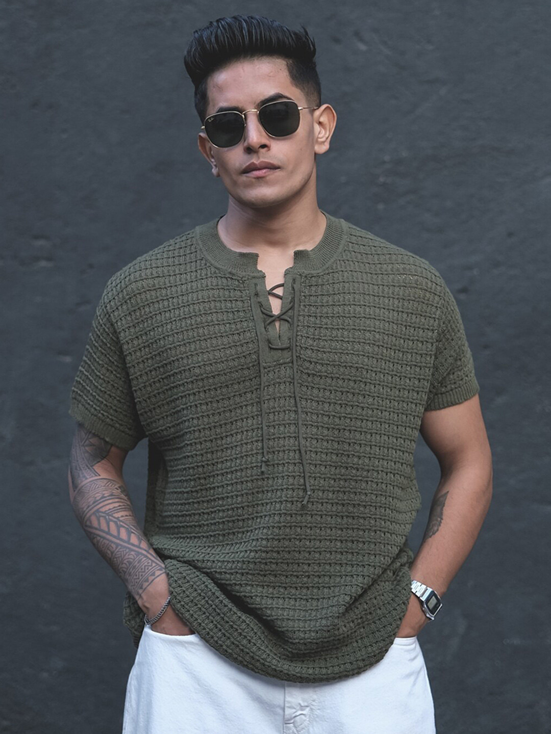 

Powerlook Olive Green Self Design Henley Neck T-shirt