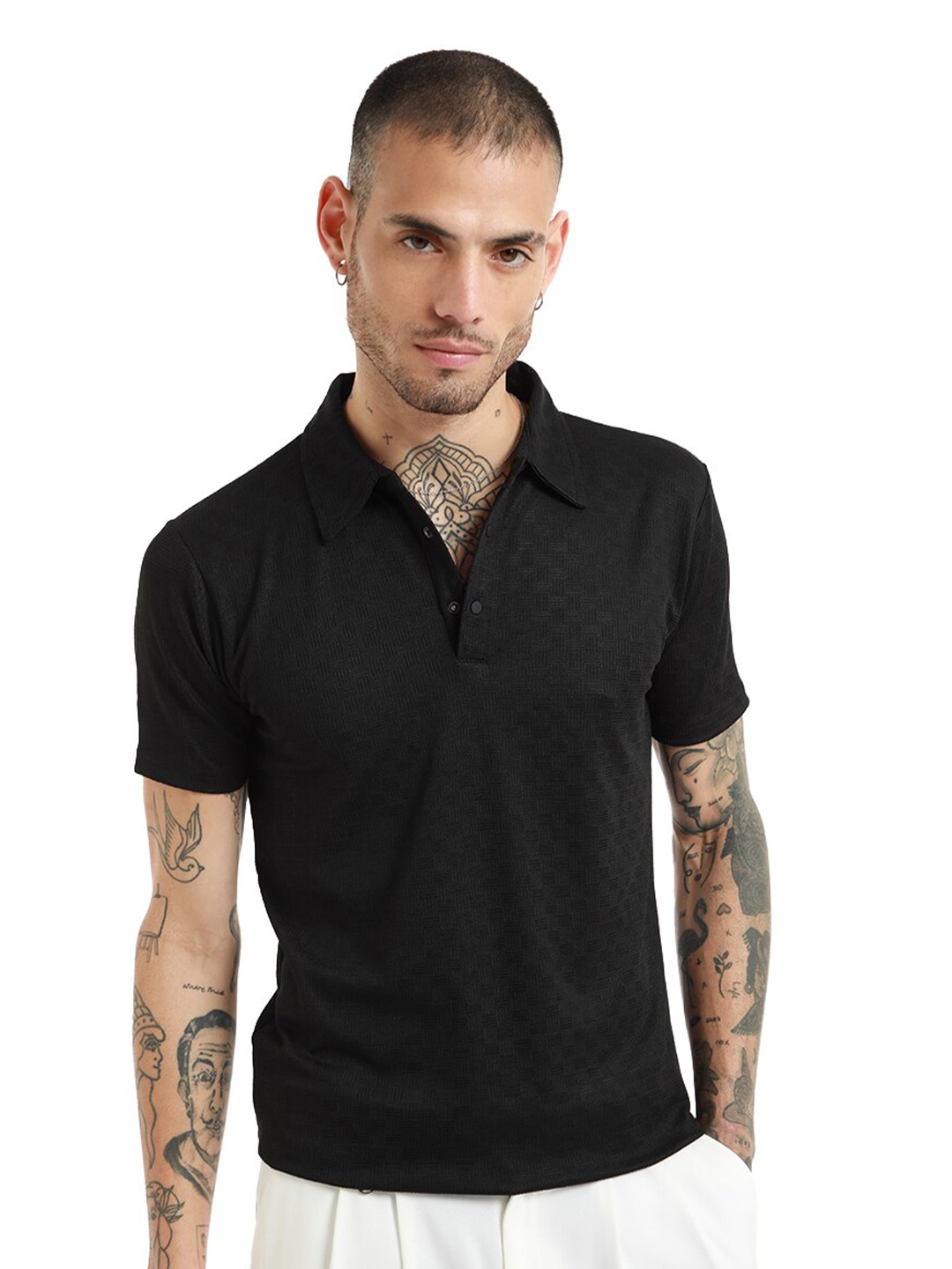 

Banana Club Self Design Polo Collar Cotton Slim Fit T-shirt, Black