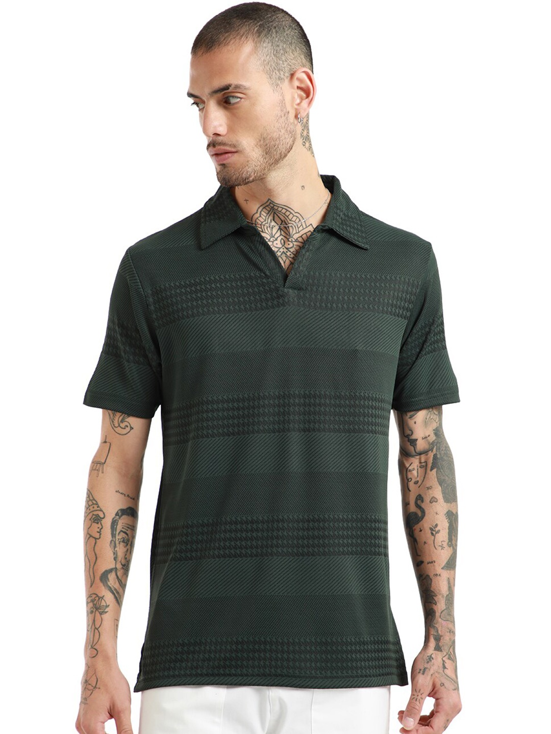 

Banana Club Tribal Striped Polo Collar Cotton Slim Fit T-shirt, Olive