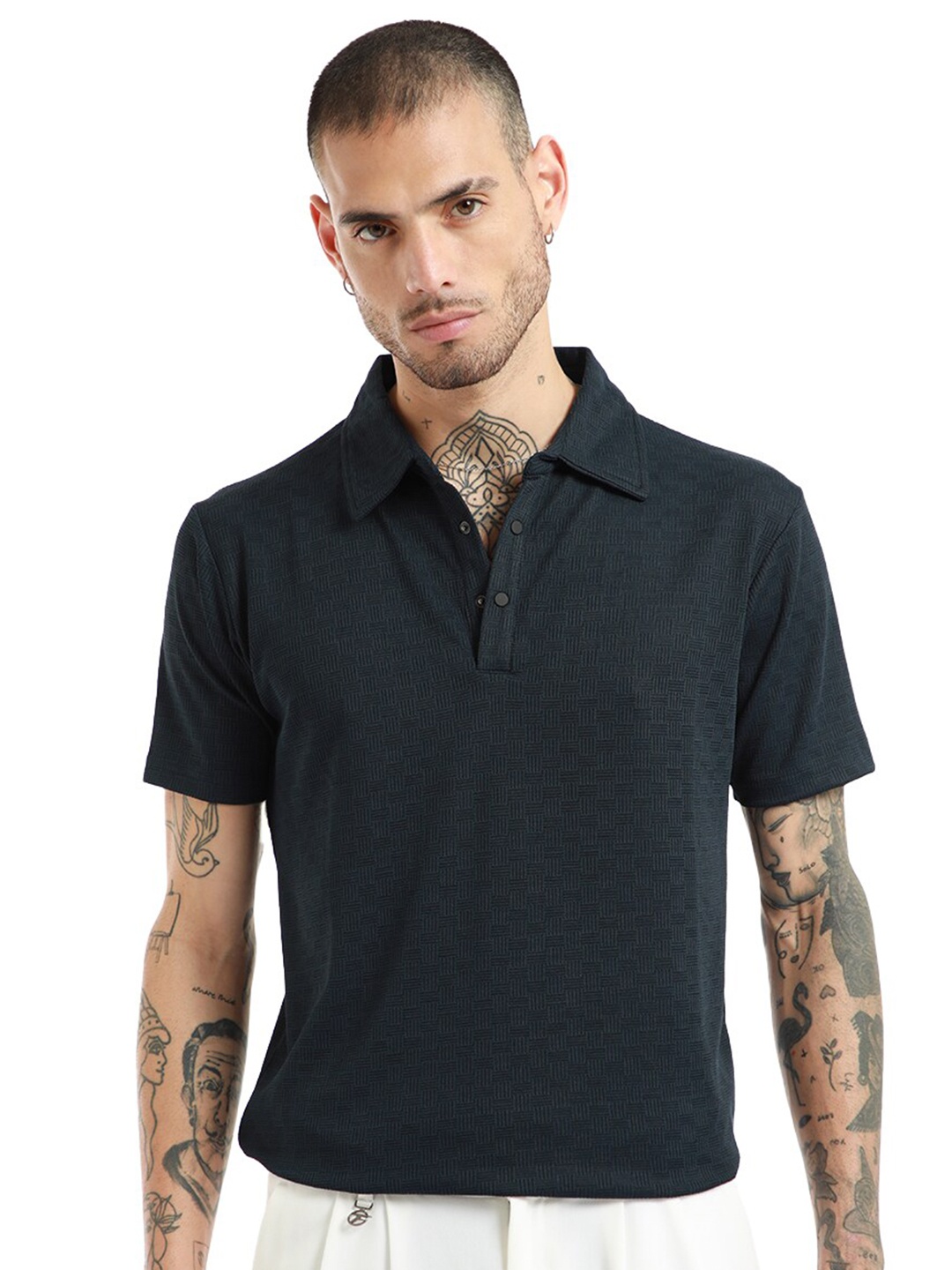 

Banana Club Self Design Polo Collar Cotton Slim Fit T-shirt, Blue