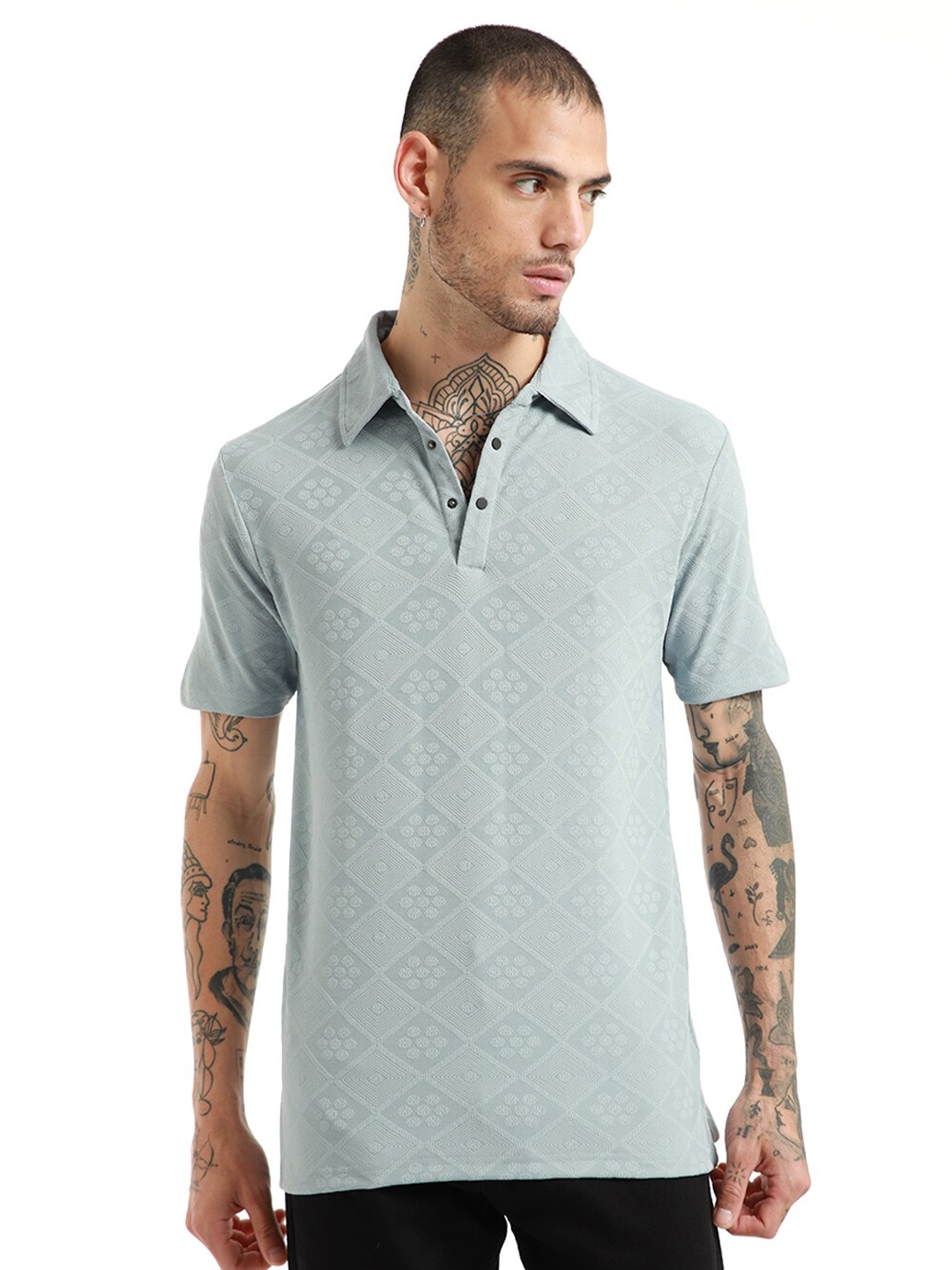 

Banana Club Self Design Polo Collar Cotton Slim Fit T-shirt, Grey