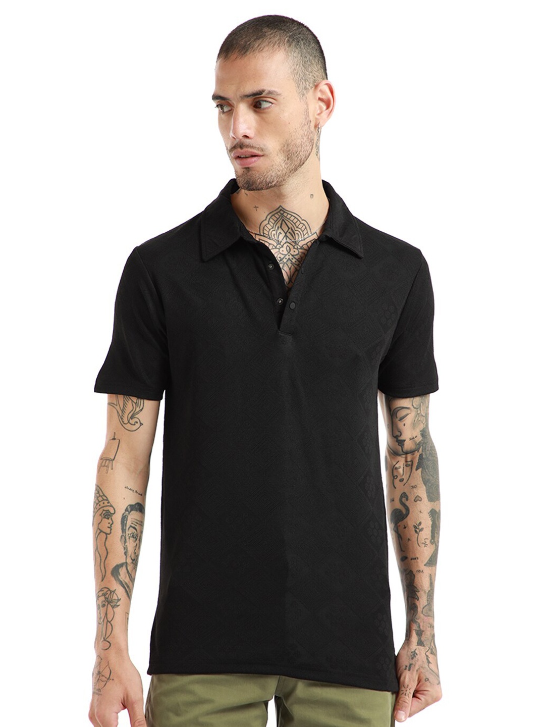 

Banana Club Self Design Polo Collar Cotton Slim Fit T-shirt, Black