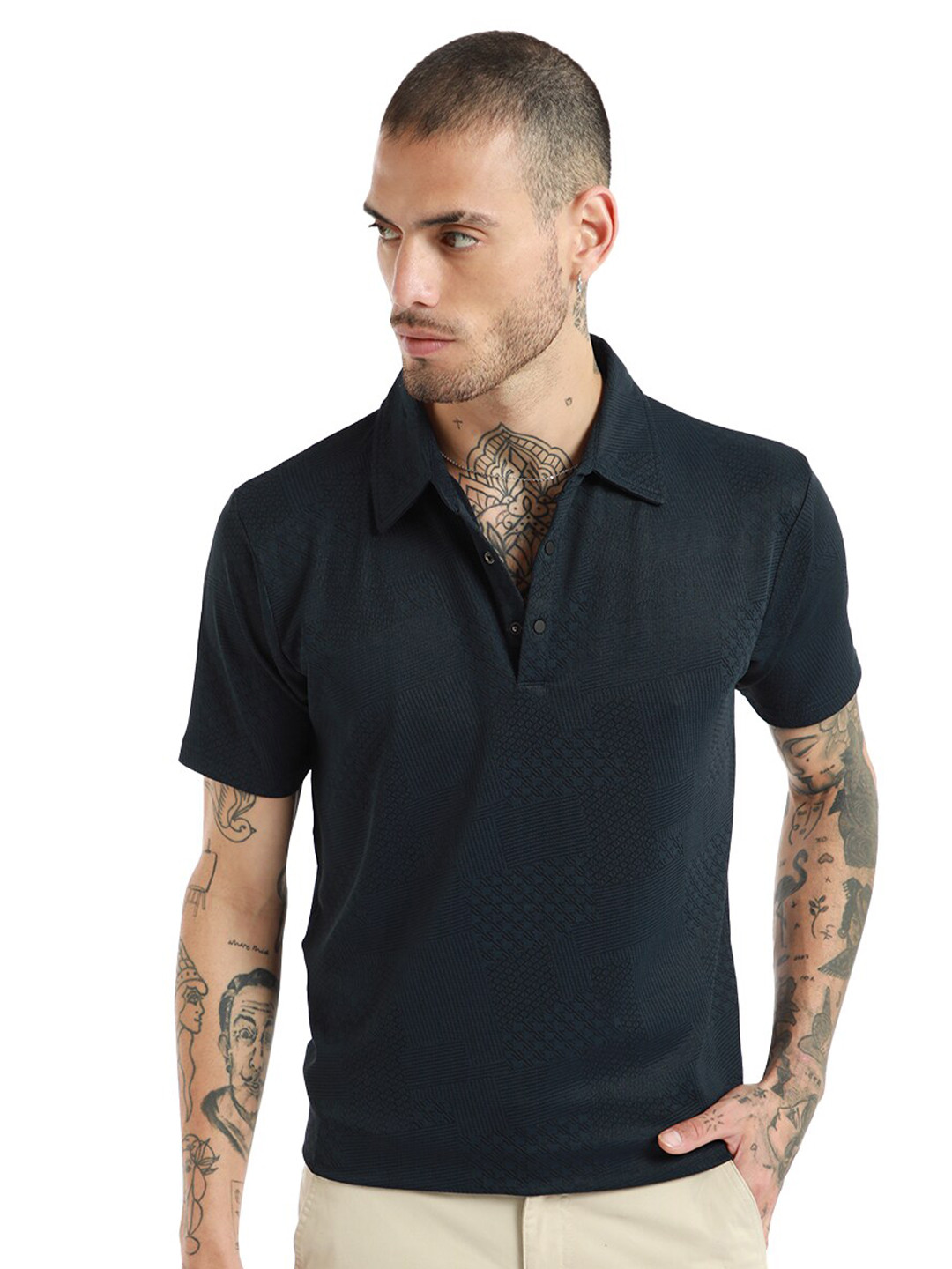 

Banana Club Self Design Polo Collar Cotton Slim Fit T-shirt, Blue