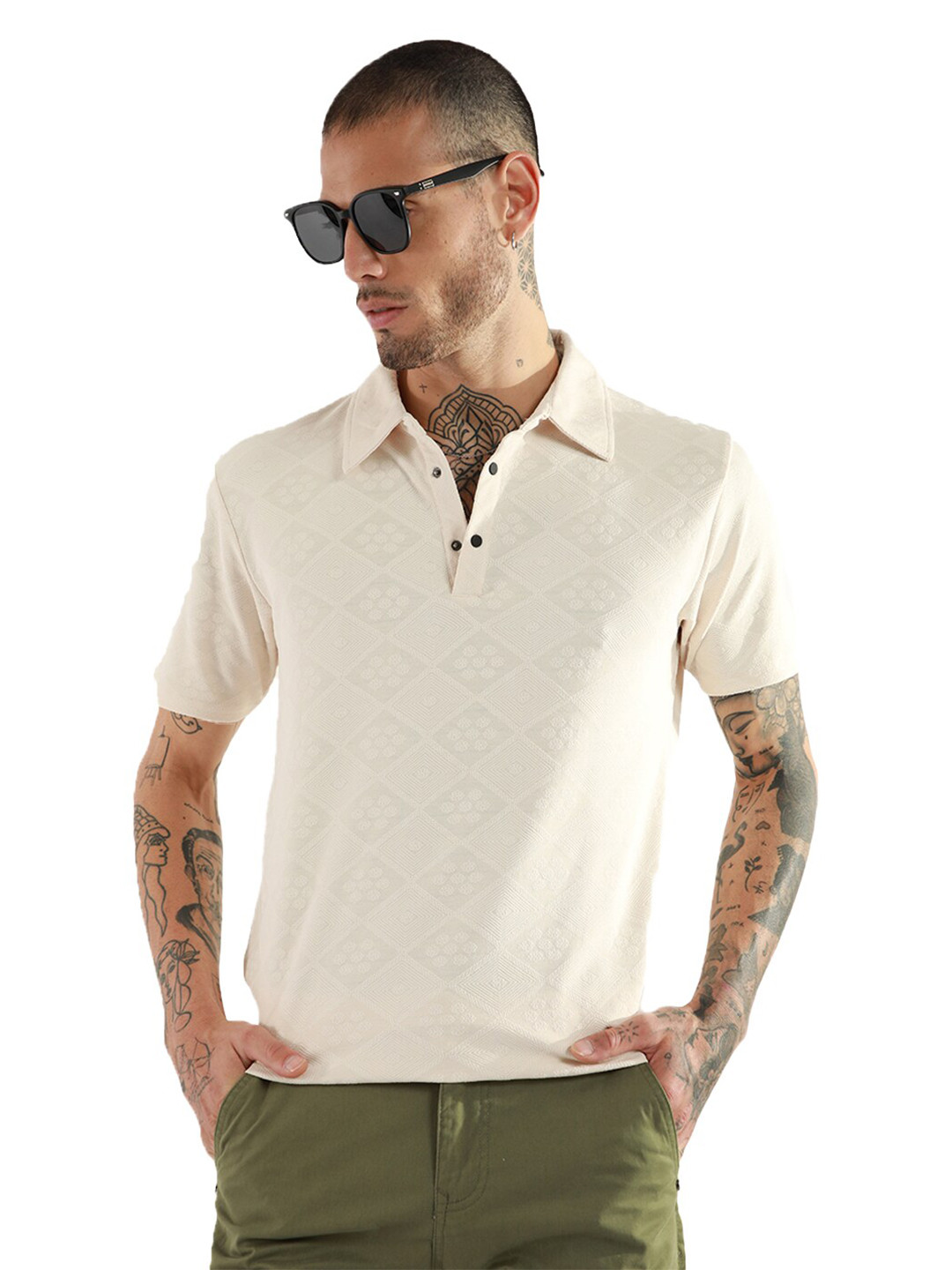 

Banana Club Self Design Polo Collar Cotton Slim Fit T-shirt, Off white