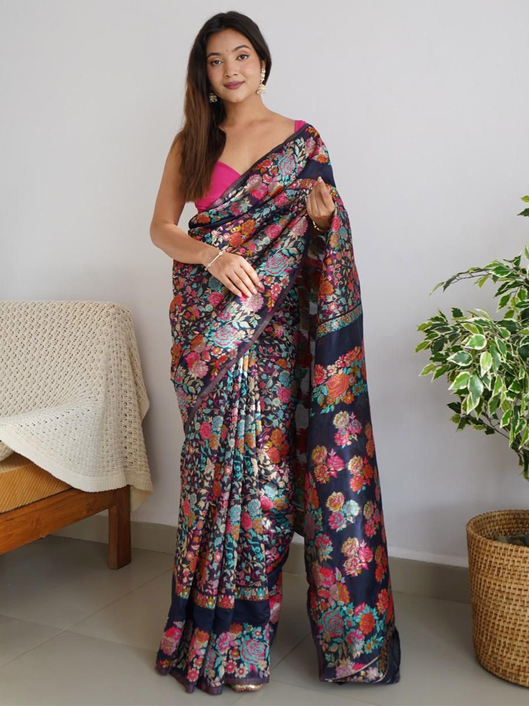 

bansari textiles Ethnic Motifs Woven Design Zari Silk Cotton Banarasi Saree, Navy blue