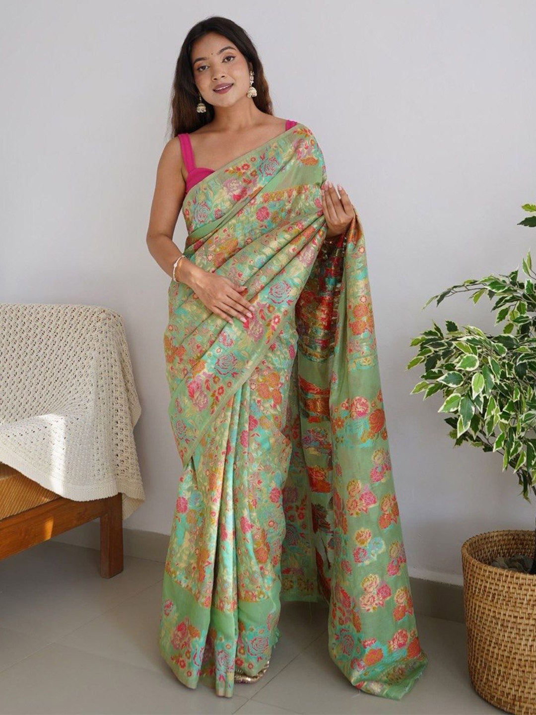 

bansari textiles Floral Printed Woven Design Zari Silk Cotton Banarasi Saree, Olive