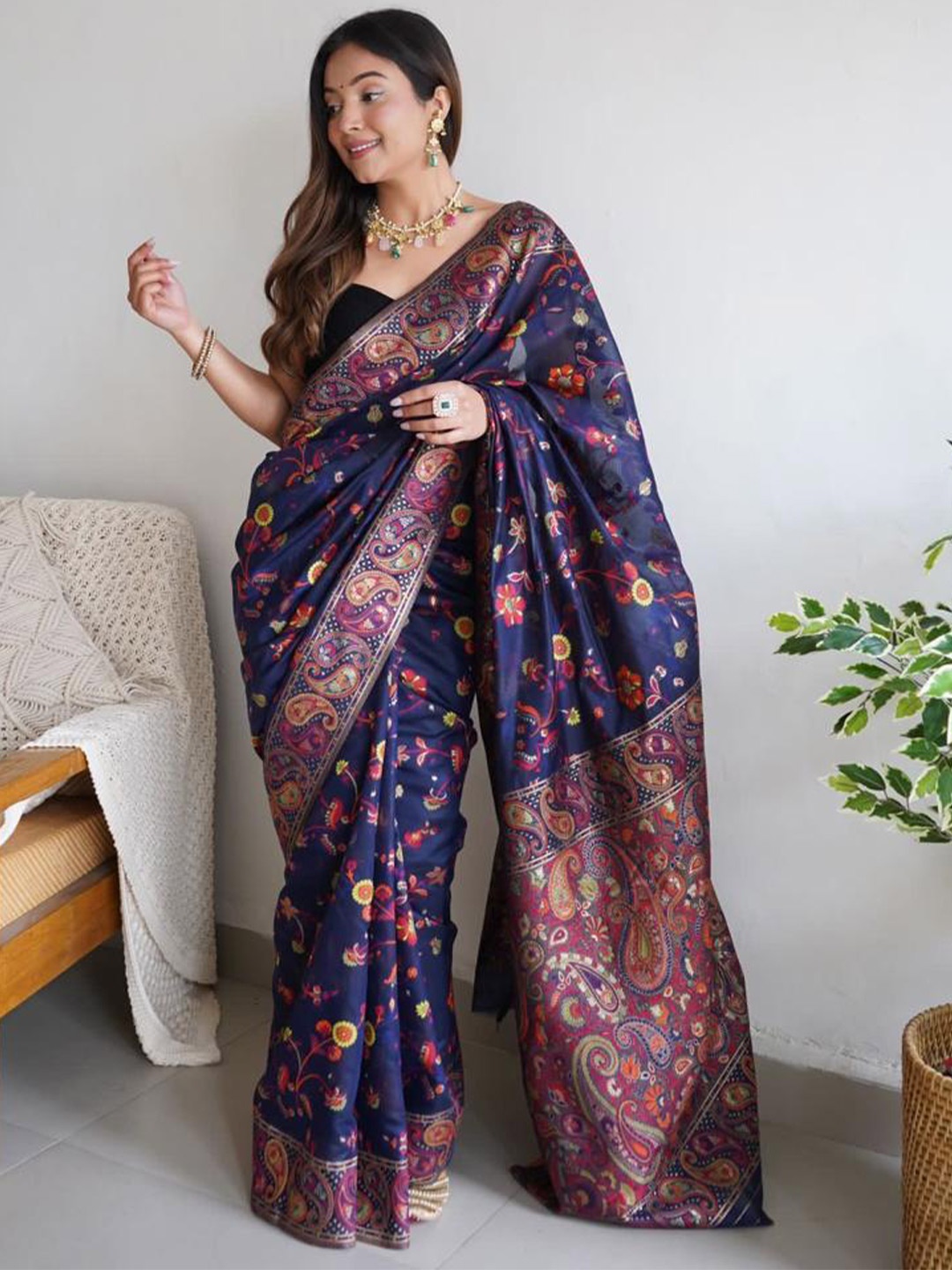 

bansari textiles Kalamkari Zari Silk Cotton Banarasi Saree, Blue