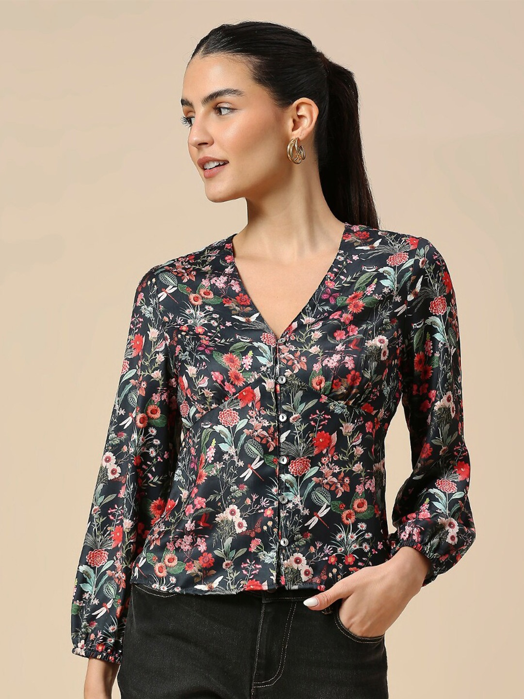 

Chemistry Floral Print V-Neck Empire Satin Top, Black
