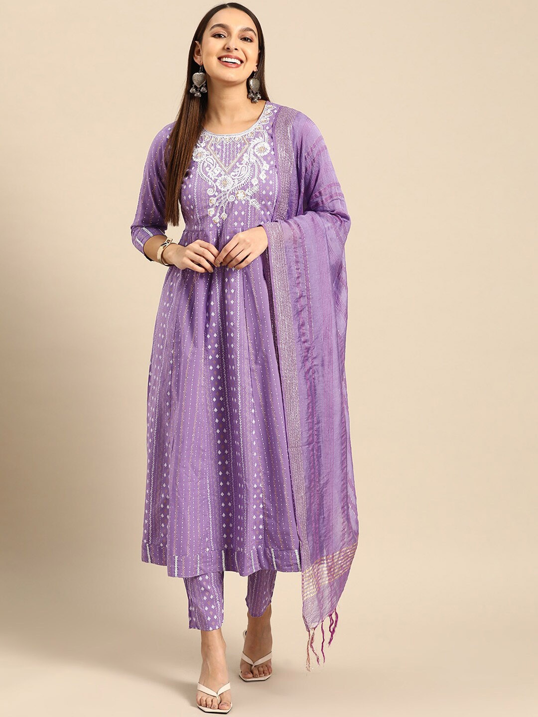 

Prakhya Ethnic Motifs Printed Pure Cotton Kurta With Trousers & Dupatta, Purple