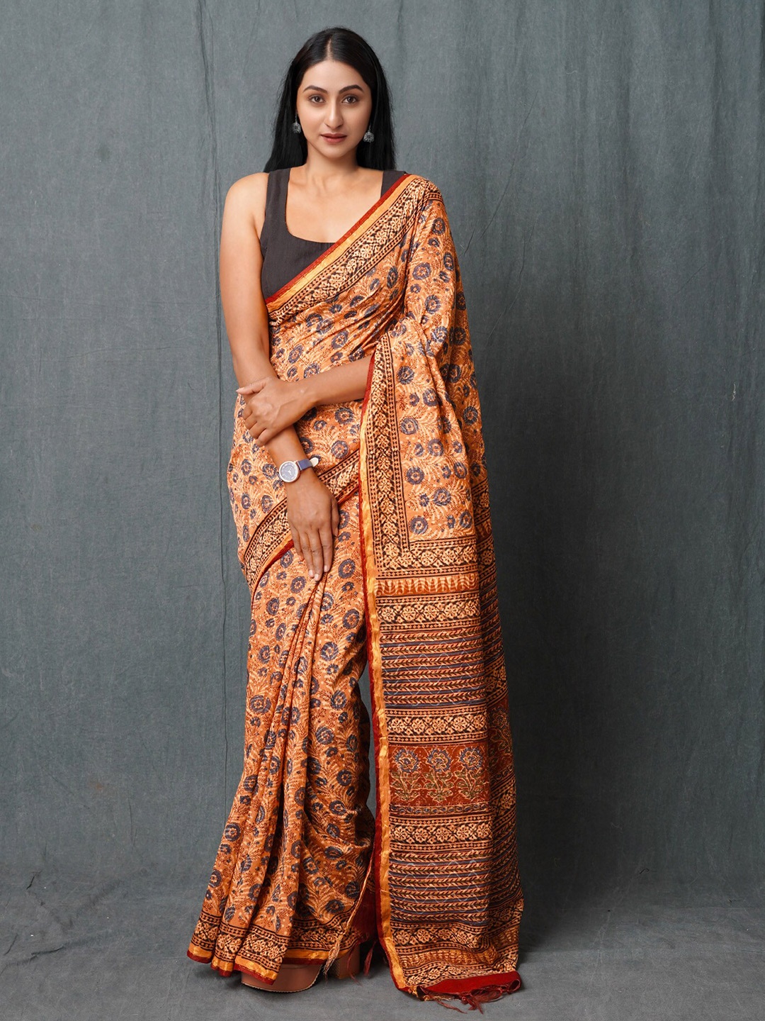 

Unnati Silks Floral Silk Cotton Handloom Chanderi Saree, Brown