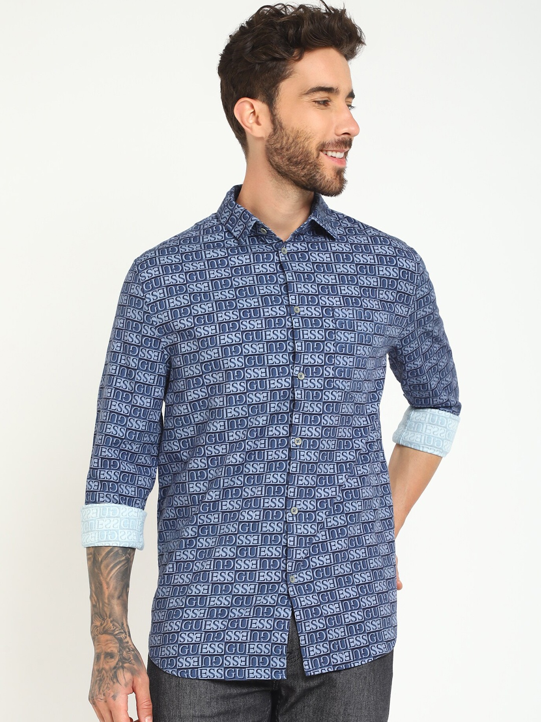 

GUESS Typography Printed Casual Shirt, Blue