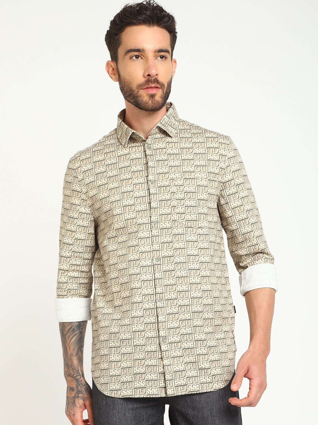 

GUESS Typography Printed Casual Shirt, Beige