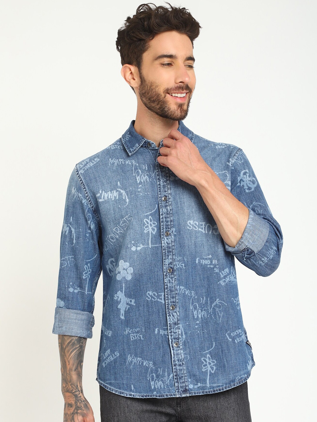 

GUESS Abstract Printed Pure Cotton Casual Shirt, Blue